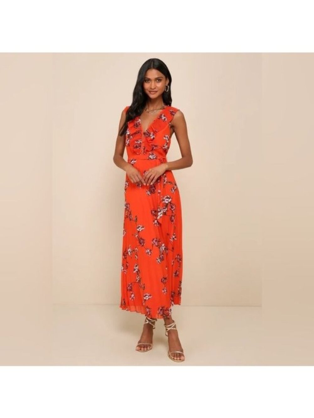 Lulus Loved By You Red Orange Floral Print Pleated Chiffon Maxi Dress
